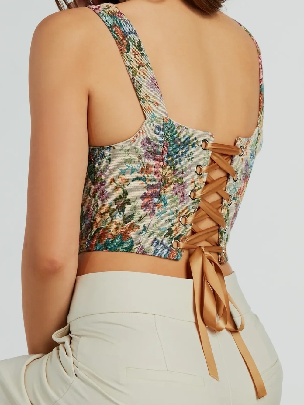 Floral Brocade Cropped Corset Tank Top Victorian Cottagecore Fairycore - Picture 3 of 16